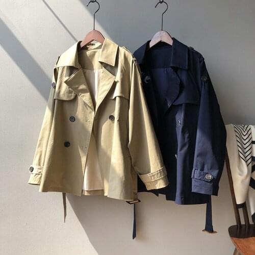 TE002 Short Loose Solid Long Sleeve Button Outwear Womens Spring Autumn New Casual Double-breasted Turn-down Collar Trench Coat