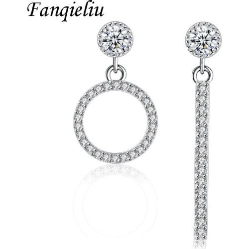 Fanqieliu Asymmetric Round Strip Dangle Jewelry Real Crystal 925 Sterling Silver Drop Earrings For Women FQL21056