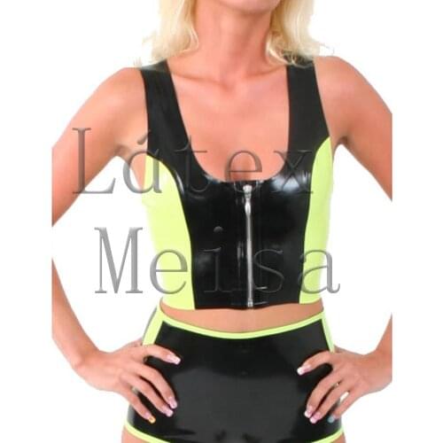 Handmade womens latex clothings set including latex short vest(with front zip) and shorts main in black with green trim colors