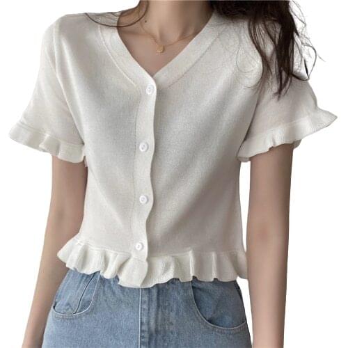 Women V-Neck Knitted Sweet Ruffles Short Sleeve Cardigans Lady Knitting Summer Thin Sweater Shirt Crop Tops For Girls