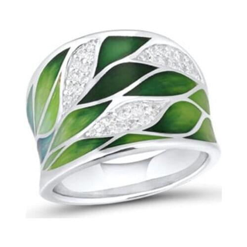Fashion Women Handmade Enamel Bamboo Leaves Ring 925 Sterling Silver Girls Ring Elegant CZ Wedding Party Ring Trendy Jewelry