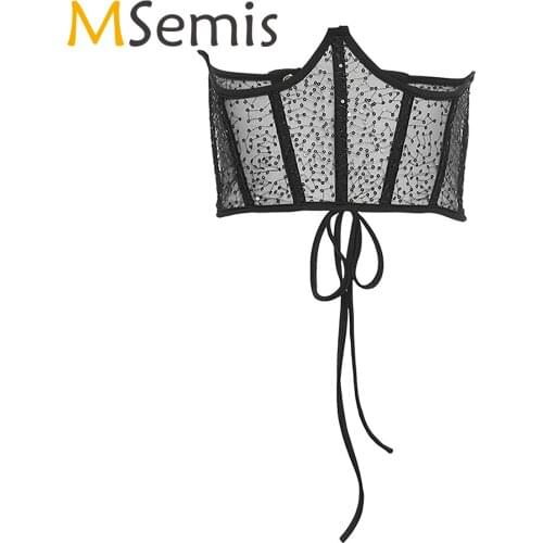 Women Lingerie Sexy Lace-Up Waist Cincher Black See Through Mesh Sequins Corset Belt Nightclub Rave Underbust Bustier Crop Tops