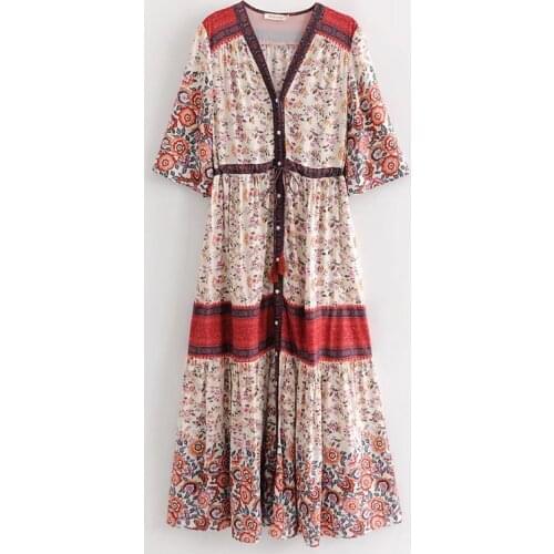 2020 New Womens Dress Prairie Sexy Maxi Hippie Floral Boho Deep Neck Holiday Summer Leisure Time Comfortable Sexy Fashion