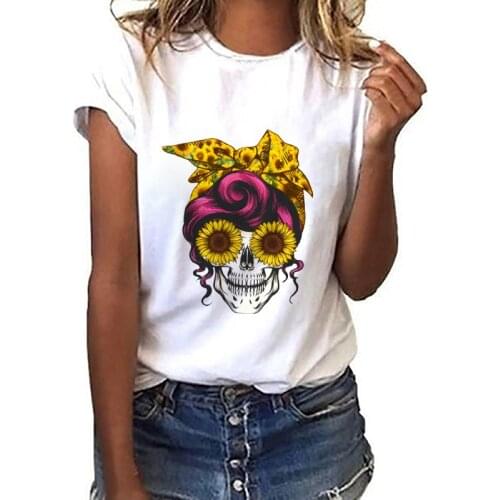 2021 Hot Summer Women Fashion Skull Leopard Bandana Tops Skull Flower T-Shirt Harajuku Kawaii Tops Tee