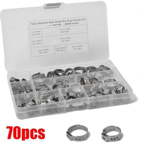 7 kinds Single Ear Hose Clamps O-Clips Pipe Fuel Air Stainless Steel Adjustable 70 x 5.8-21.0mm