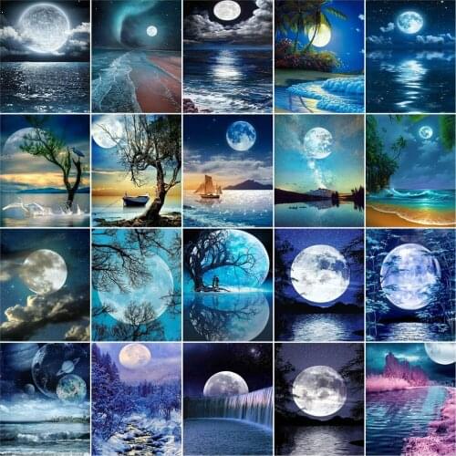 AZQSD Coloring By Number Moon Seascape Handpainted Modern Wall Art Oil Painting By Number Sea Kits Handmade Unique Gifts