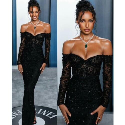 Illusion Black Mermaid Evening Dresses Off Shoulder Long Sleeve Crystal Beading Prom Gowns Appliques Formal Runway Fashion Party