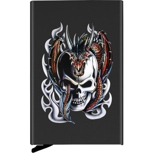 Black Metal Case Cool Dragon Skull Printing Credit Card Holder Men Slim Anti Protect Travel ID Cardholder Women Rfid Wallet