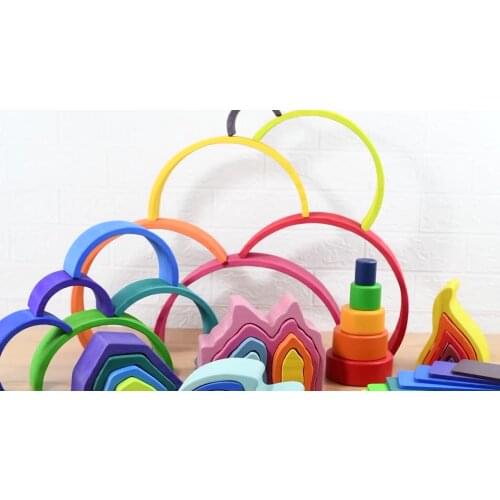 Wooden Rainbow Stacking Game Learning Toy Geometry Building Blocks Educational Toys for Kids Baby Toddlers
