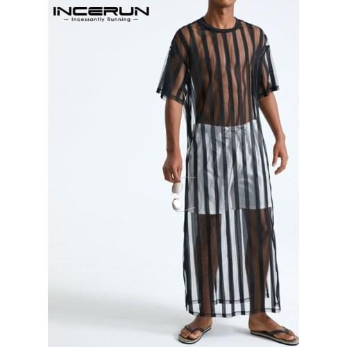 INCERUN Fashion Men Mesh T Shirt Striped Transparent 2021 O Neck Short Sleeve Sexy Long Tops Streetwear Loose T-shirts Hombre