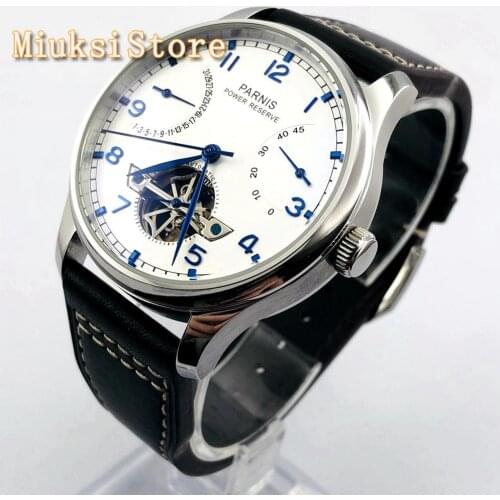 Parnis 43mm silver case date sea gull power reserve movement leather strap mens top casual automatic mechanical watch