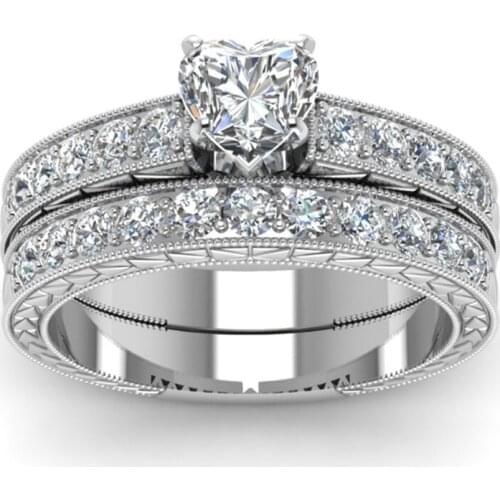 Romantic Rhinestones Crystal Wedding Rings Set For Women Jewelry Cute Womens Zircon Heart Engagement Rings Girl Gift