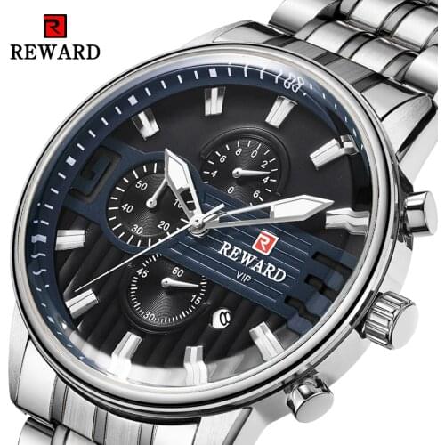 REWARD Sports Mens Quartz Wrist Watch 2020 Silver Stainless Steel Chronograph Display Water Resistant Reloj Hombre