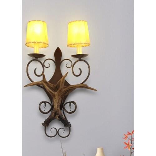 E14 Resin Wall amp Retro Double-headed Antler American Country Sconce Craftsmanship Cafe Bar Foyer Dining Room Decoration Light