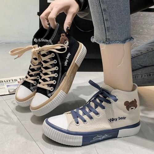 2021 spring new bear canvas shoes high-top canvas shoes lace up casual sneakers