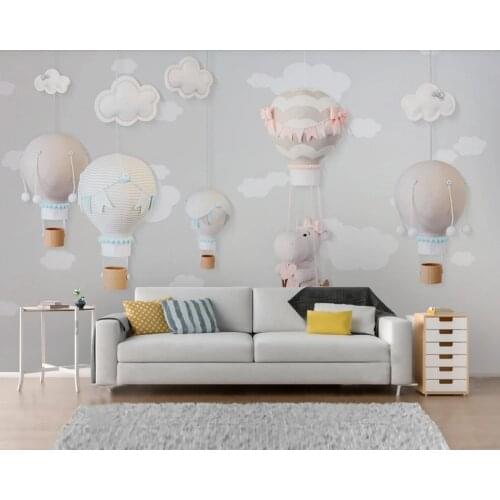 Custom high-end wallpaper-Nordic childrens room wallpaper geometric mountain hot air balloon background wall