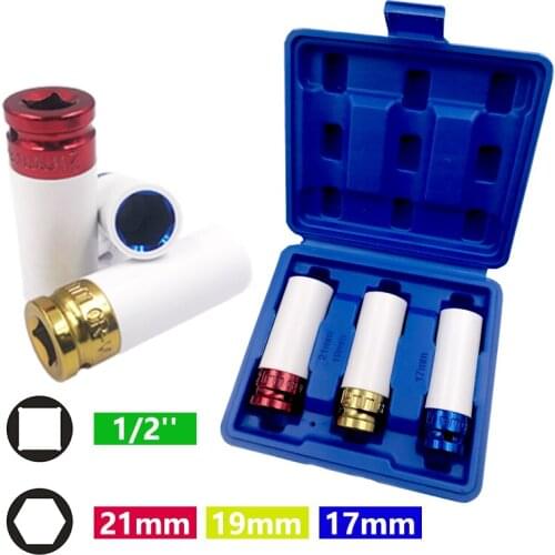 3Pcs Durable Auto Parts 17/19/21MM Car Tire Protection Sleeves Wall Deep Impact Nut Alloy Wheel Socket 1/2 Auto Repair Sleeve