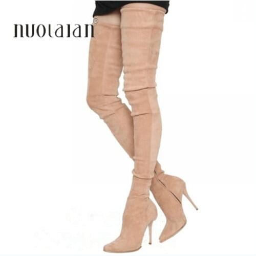 2021 Brand Stretch Suede Leather Thigh High Heels boots Women Winter Boots Stiletto Heels Sexy Over the Knee Boots Female Shoes
