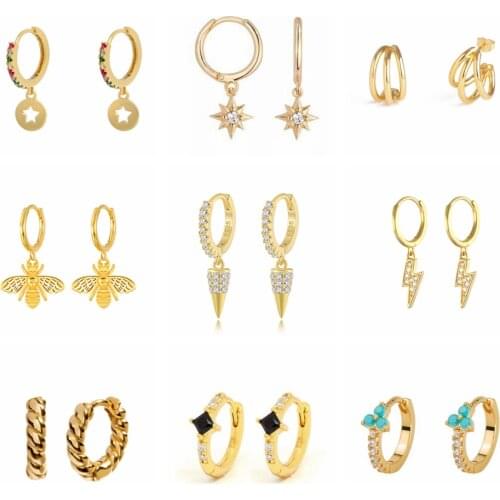 Fashion Copper Zircon Bee Rivet Lightning Vintage Earrings for Ladies Friend Punk Circle Hoop Earring Jewelry orecchini donna