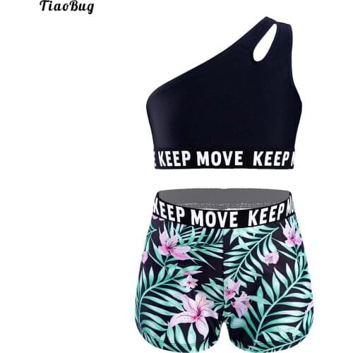 TiaoBug 2Pcs Kids Girls Sport Suit Slant Shoulder Crop Sport Vest And Shorts Set Sportswear For Running Gym Yoga Dance Workout