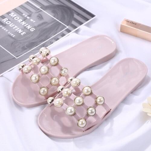 Stylish Outer Wear Crystal Beach Pearl Slippers Womens Korean Version Flat Anti-slip Slippers Shoes for Women