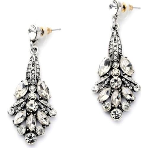 Vintage Silver Art Deco Crystal Pave-Encrusted Cluster Leaf Dangle Drop Earrings