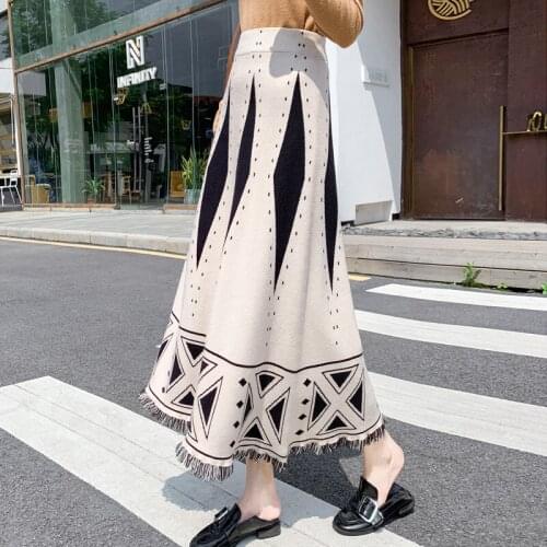 Autumn Winter Women Midi-Calf Knitting Elastic Waist Casual Skirts Girls High Waist A-Line Elegant Printed Skirt DS295