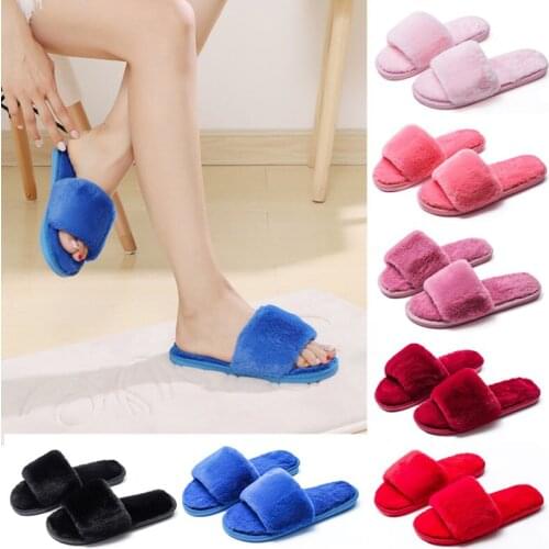 Women Furry Slides Home Slippers Winter Fluffy Open Toe Soft Flat Shoes Slip On Flats Slides Warm Faux Fur Slippers