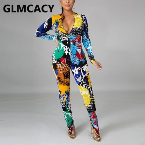 Women Long Sleeve Graffiti Printed Slim Jumpsuit Zipper Front Overalls