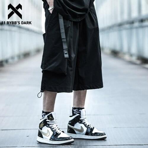 11 BYBBS DARK Buckle Belt Joggers Shorts Mens Functional Streetwear Summer Knee Length Elastic Waist Nylon Baggy Shorts Pants
