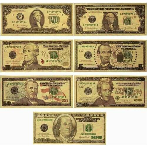 7PCS USD 1/2/5/10/20/50/100 Gold Dollar Bill Full Set Gold Banknote Non-currency
