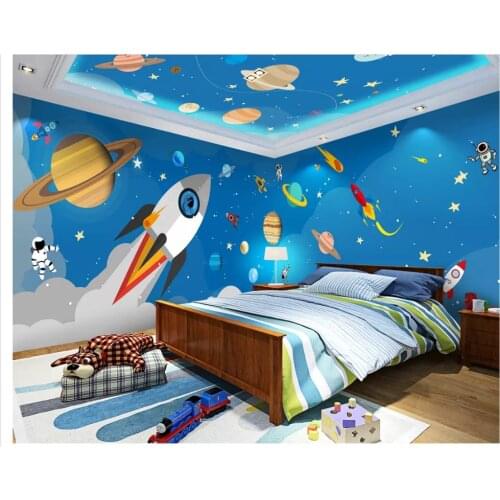 Beibehang Childrens decorative painting wall paper rocket hand-painted blue starry theme space full house background wallpaper