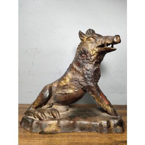 Home Decor 11" Tibet Buddhism Temple Old bronze Cinnabars Boar statue Eurasian wild boar Sus scrofa statue Fortune and evil spir