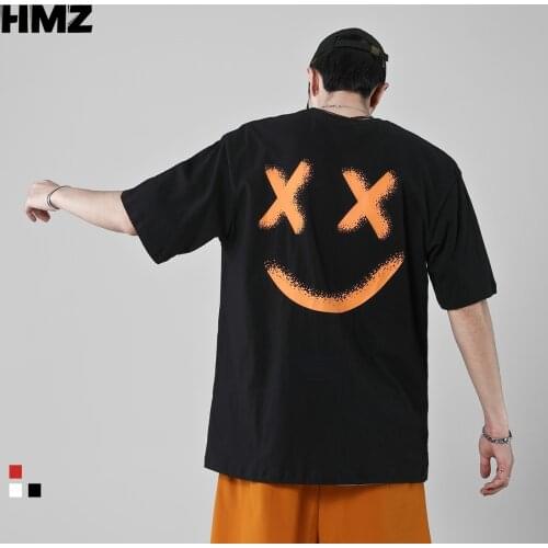 HMZ Men T Shirt Hip Hop 2020 Streetwear Tshirt Smiley Print Harajuku Summer Short Sleeve T-Shirt Cotton Tops Men Tees Oversize