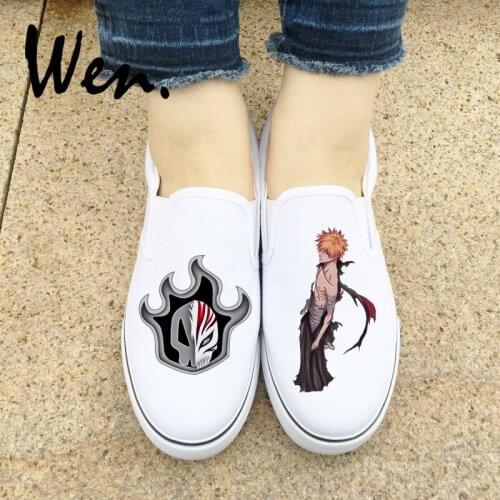 Wen Mens Womens Slip On Shoes Anime Bleach Design White Black Low Top Canvas Sneakers Espadrilles Flat Strapless Plimsolls
