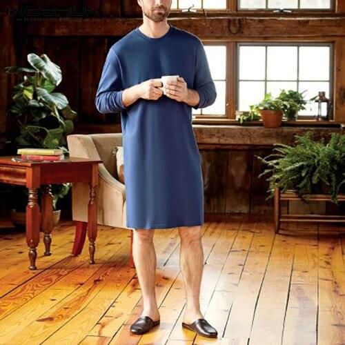 INCERUN Mens Long Sleeve Round Neck Fitness Homewear Leisure Solid Color Cozy Sleep Robes Men Casual Breathable Bathrobes S-3XL