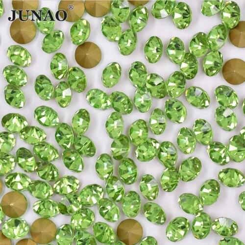 JUNAO SS 6 8 10 12 16 20 30 Light Green Point Back Glass Crystal Rhinestones Round Glass Strass Applique Nail Art Decoration