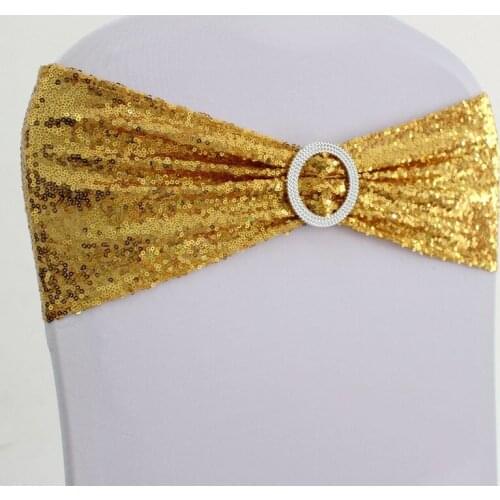 10pcs Gold Silver Elastic Spandex Sequin Chair Sash Bands Lycra Stretch Wedding Chair Bow Ties For Hotel Event Party Decoration