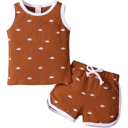 2Pcs Toddler Summer Outfit, Sun Print O-Neck Tank Tops + Elastic Waist Shorts for Baby Girls, Boys, 0-24 Months