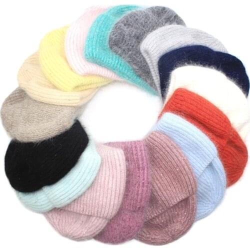 Hot Selling Winter Hat Angora Rabbit Fur Winter Hats Women Fashion Warm Knitted Beanie Hats Solid Adult Cover Head Cap