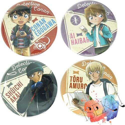 Detective Conan Anime Badge Shinichi Conan Ai Haibara Shuichi Akai Tooru Amuro Bourbon Climing Mountains Metal Badge Brooch Pins