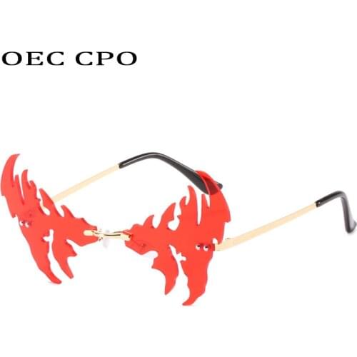 OEC CPO Fashion Rimless Sunglasses Women Shades Personality Fire Flame Sun Glasses Men Vintage Metal One Piece Eyewear O776