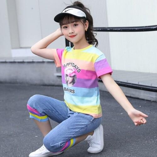 2021 New 2-Piece Summer Girls Casual Wear Suit Short-Sleeved Cropped Trousers Childrens Clothes Girls Clothes