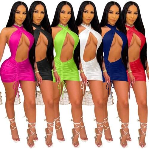 Summer New European and American Womens Sexy Solid Color Halter Drawstring Halter Bikini One-Piece Mini Skirt