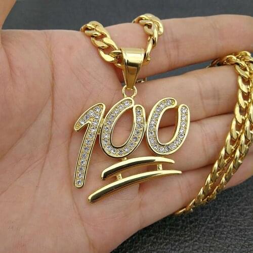 Hip Hop Micro Pave Cubic Zircon Gold Color 100 Points Men Pendant Necklace 316L Stainless Steel jewelry with Cuban Link Chain
