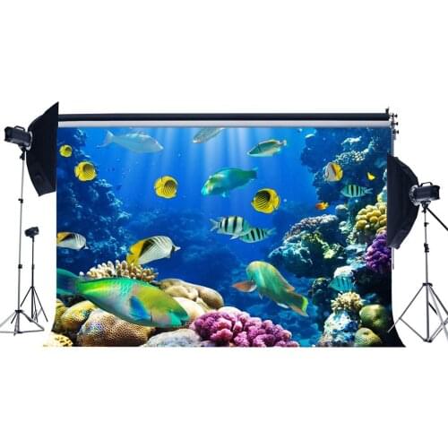 Underwater World Backdrop Aquarium Fancy Corals Fish Starfish Bubble Blue Water Summer Sea Background