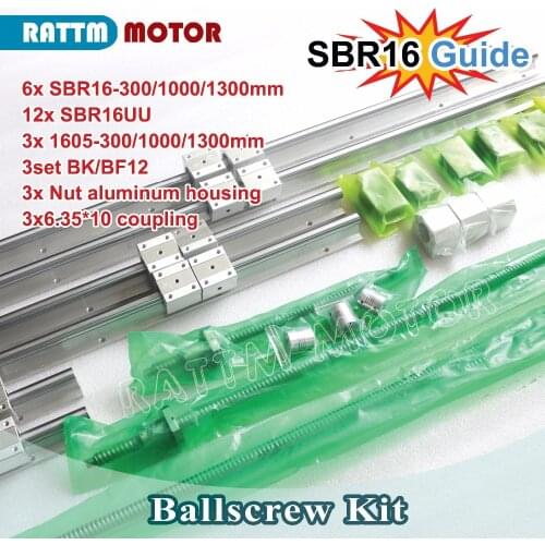 EU Free VAT SBR16 Linear guides way 300 1000 1300mm & 3 sets SFU1605 Ballscrew & Nut & BK/B12 & Couplings For CNC / 3D Printer