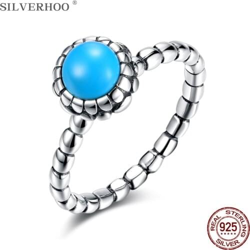 SILVERHOO 925 Sterling Silver Punk Vintage Rings For Women Simple Trendy Turquoise Ring Female Classic Party Jewelry Hot Sale