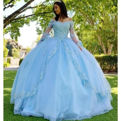 Light Sky Blue Beaded Ball Gown Quinceanera Dresses 2021 Off the Shoulder Prom Gowns Appliqued 16 Vestido De Quince