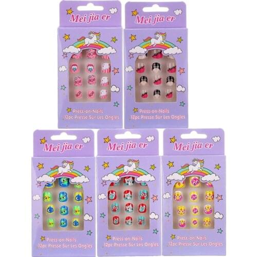 12PCS New High Quality Full Cover false nails for children Cute Colorful false nails for children with glue Creative press on